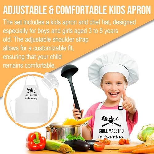 Miniatura 3 de Juego de delantal y sombrero de chef para niños, divertido delantal de entrenamiento con 2 bolsillos para niños y niñas