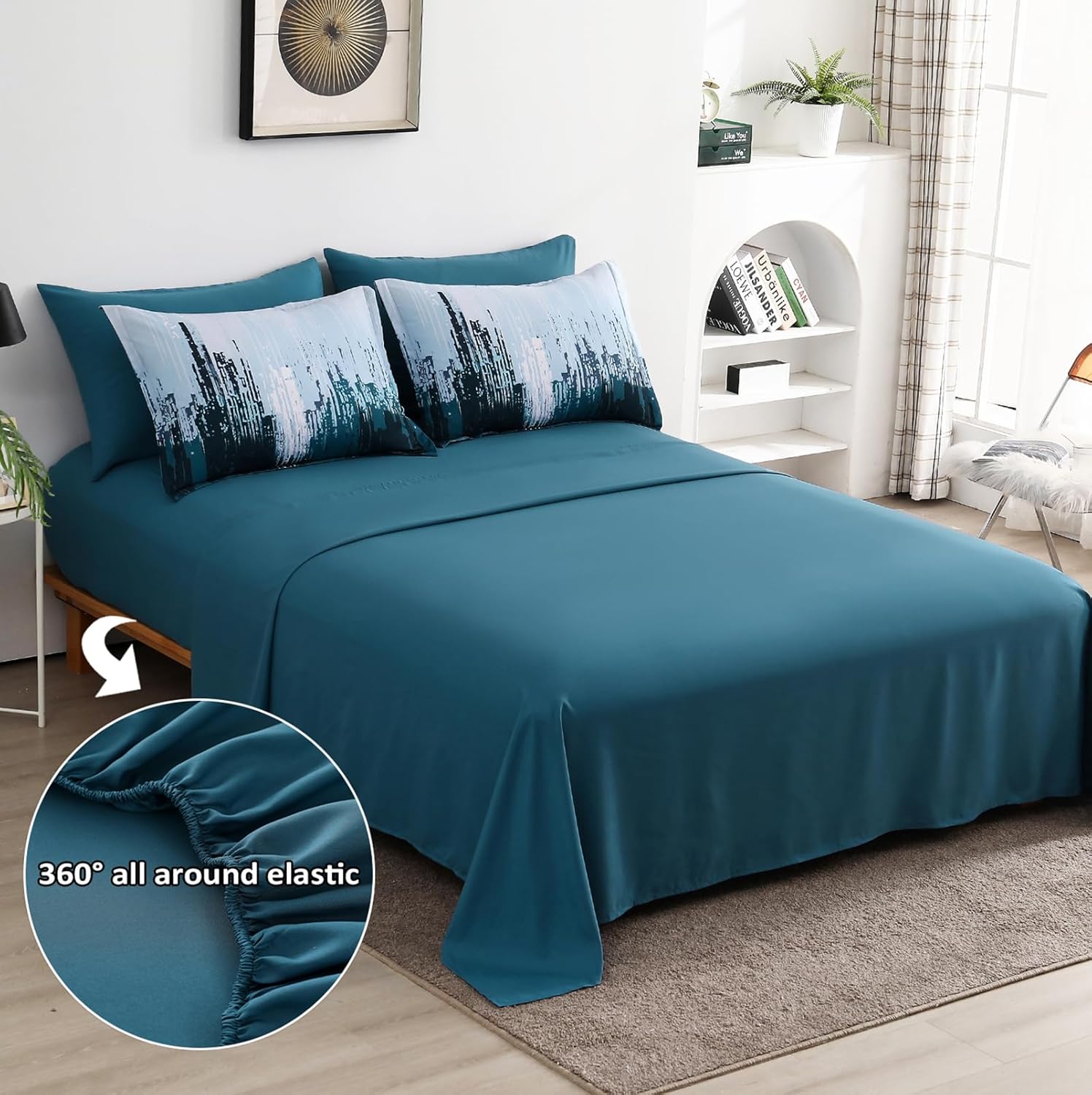 WONGS BEDDING Comforter Set King, Teal Blue 7 Pieces Bed in a Bag Colorful Abstract Art Gradient Comforter Soft Microfiber Bedding Set with Comforter,Flat Sheet,Fitted Sheet,Pillow Shams,Pillowcases
