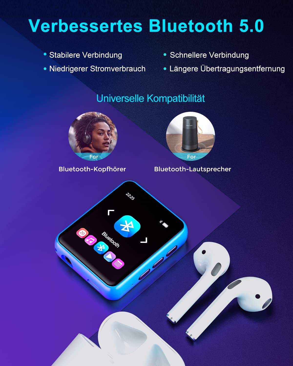 32GB MP3 Player Bluetooth 5.0 mit Voller Touchscreen, Verlustfreier HiFi-Musikplayer mit Metallgehäuse, mit UKW-Radio, Lautsprecher, Line-in Aufnahme, Unterstützung bis zu 128 GB