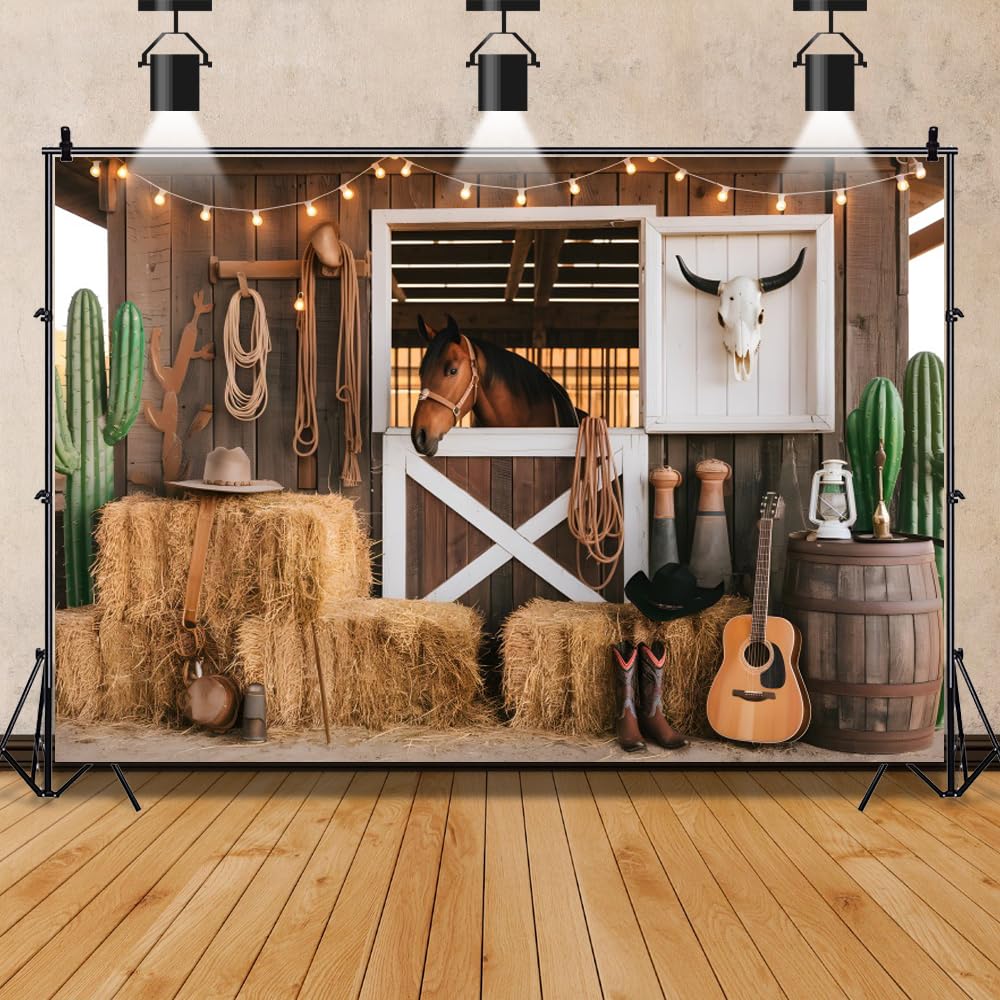 Meiguiman Western Cowboy Backdrop 7x5ft Rustic Barn Door Horse Banner Wild West Rodeo for Birthday Party Supplies Photo Booth Props