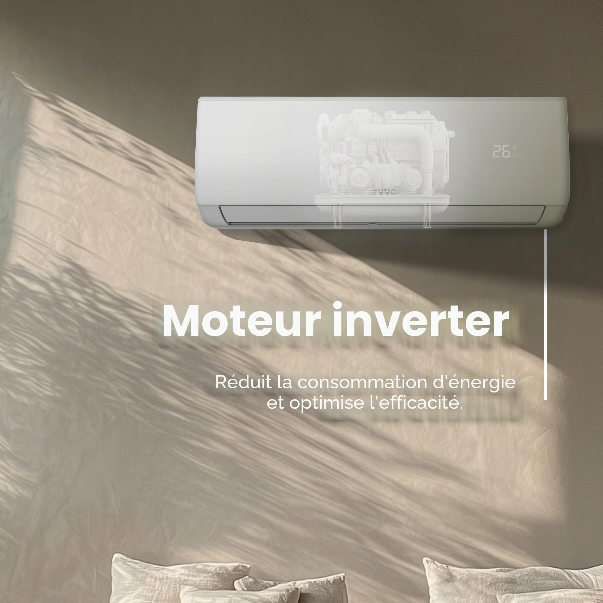 EVVO Climatiseur Split Clima Refroidissement et Chauffage, Connectivité WIFI, Moteur Inverter, Pompe à Chaleur, Classe A++/A+, Déshumidificateur, R32 (12 000 BTU)