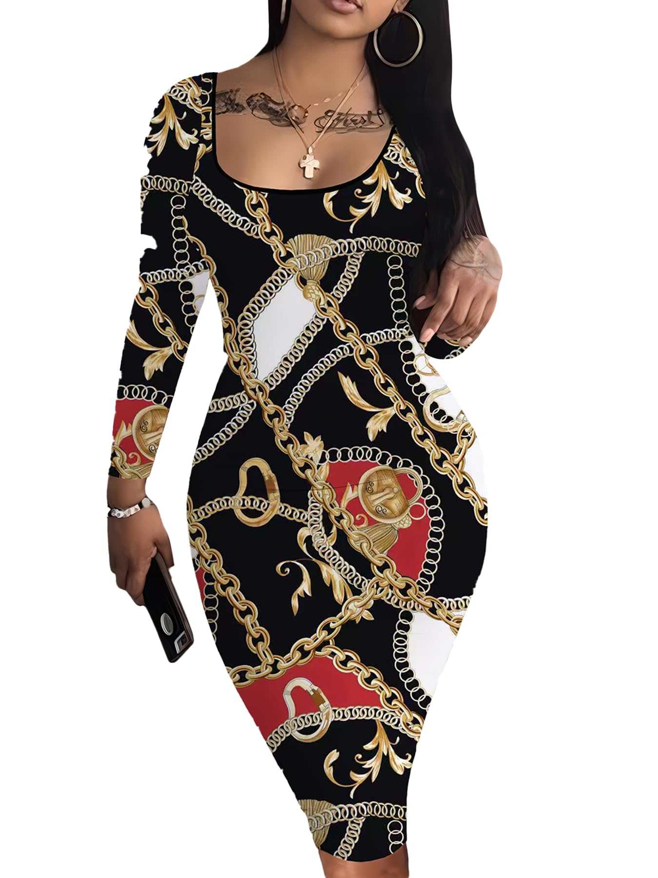 HTD Women's Sexy Bodycon Dress Long Sleeve Club Party Casual Midi Pencil Dresses