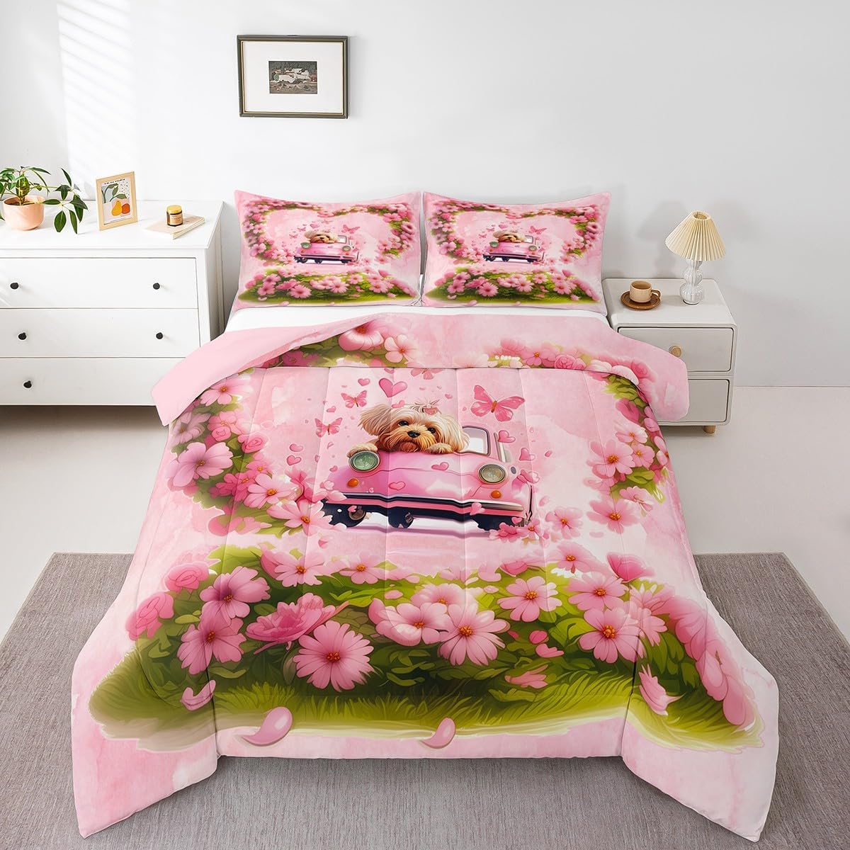 Manfei Cute Puppy Kids Comforter Set Twin Size,Floral Car Love Heart Dreamy Bedding Set,Girls Women Room Decor,Cartoon Dog Animal Pet Rustic Down Comforter,Pink Green Duvet Insert,1 Pillowcase