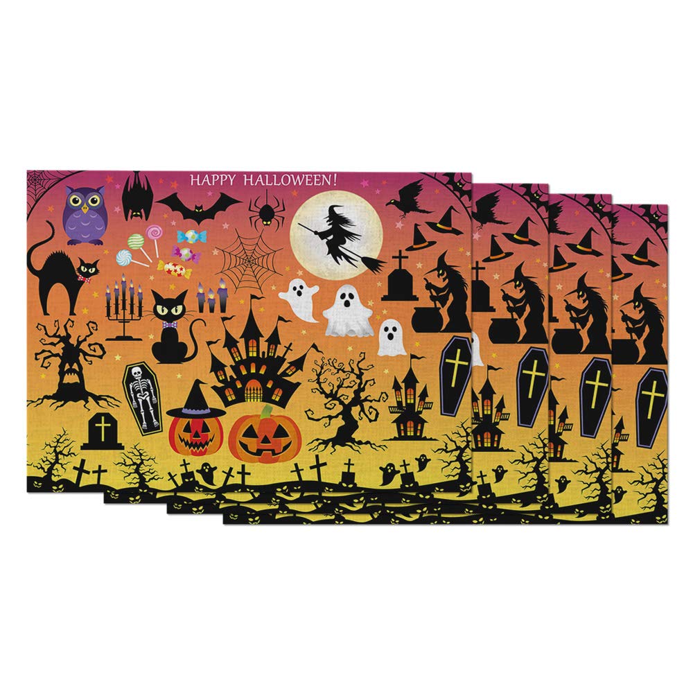 Moslion Halloween Night Place Mats Set of 4 Pumpkin Skull Owl Cat Witch Moon Spider Candy Castle Washable Fabric Placemats for Dining Room Kitchen Table Decor
