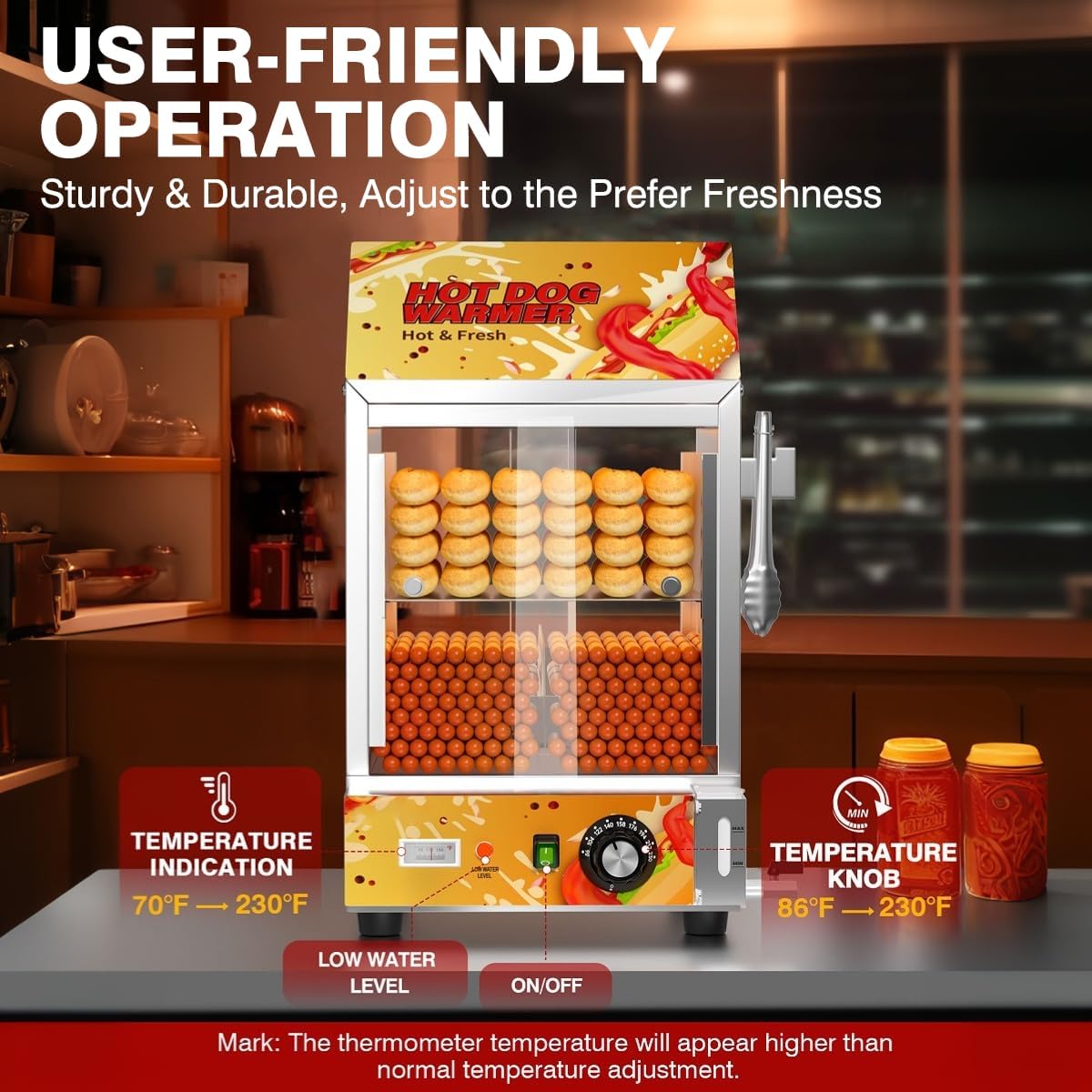 Hot Dog Steamer - 28.8QT/27L Electric Commercial Hot Dog Steamer Machine with Bun Warmer, Visible Dual Glass Sliding Door, Suitable for 175 Hot Dogs &40 Buns
