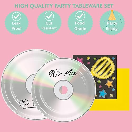 Miniatura 3 de Celebra los buenos días de los años 90 con nuestro paquete variado de fiesta de los 90. Suministros para fiestas de los 90 – CD de los 90 platos