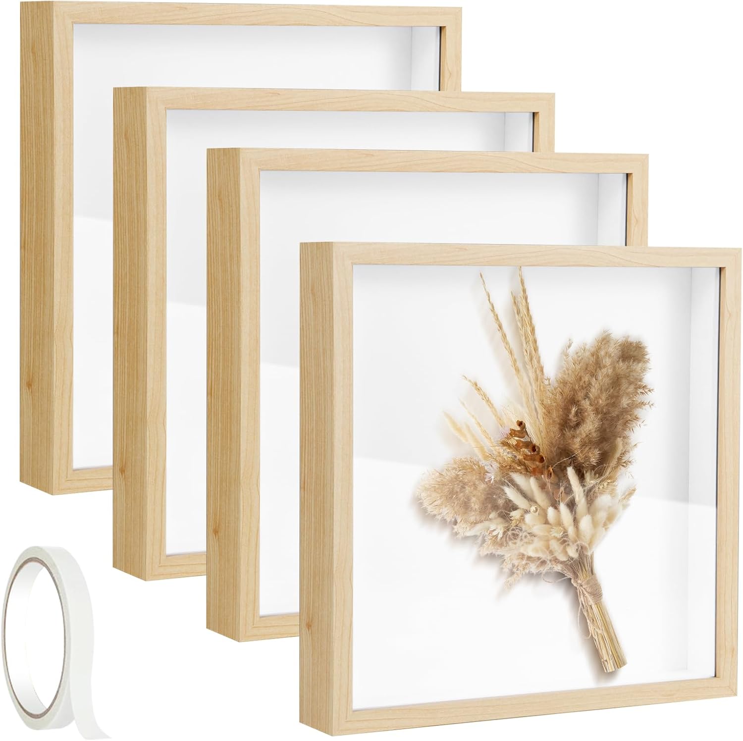 4 Pcak 12x12 Shadow Box Frame, Shadow Boxes Display Cases with Adhesive Tape, 3D Picture Frame, Memorial Picture Frame for Baby Items, Wedding Memories, Crafts, Flowers, Tickets and Photos 4pcs-light Wood 12*12