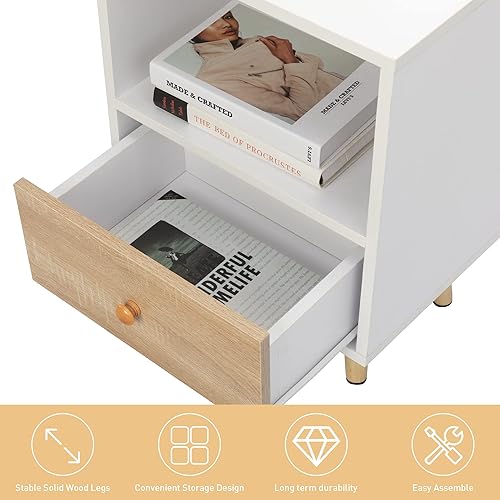 Miniatura 29 de JAXPETY Juego de 2 mesitas de noche modernas de madera, mesita de noche con cajón, muebles de noche, mesa auxiliar con estante abierto y patas de