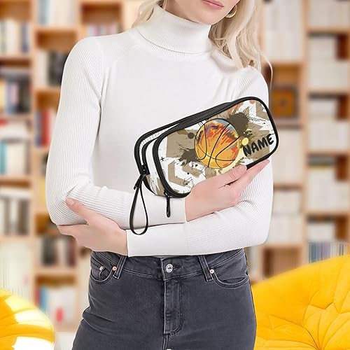 Miniatura 7 de ZAZYXTJ Estuche personalizado de baloncesto de gran capacidad, 3 compartimentos, bolsa de almacenamiento de lona para maquillaje, escuela, oficina,