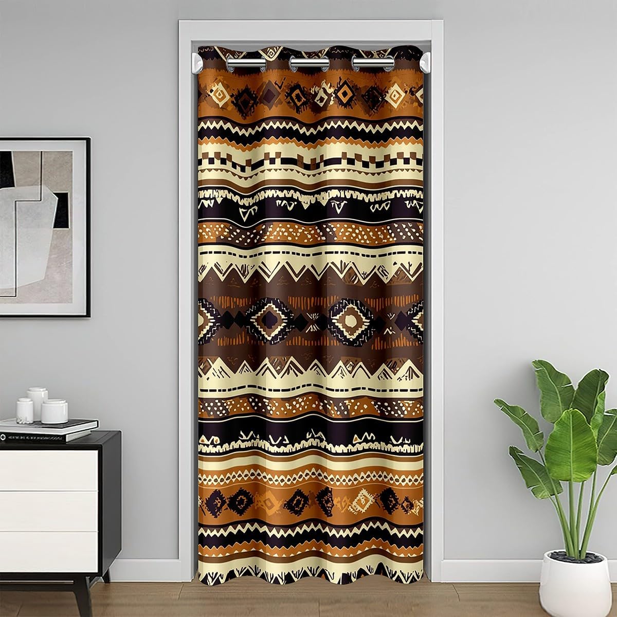 Erosebridal Tribal Floral Door Curtain Geometric Flowers Blackout Curtain Red Green Square Lattice Doorway Curtain Exotic Retro Bohemian Indian Abstract Grid Door Drape, 1 Panel, 34" W X 80" L