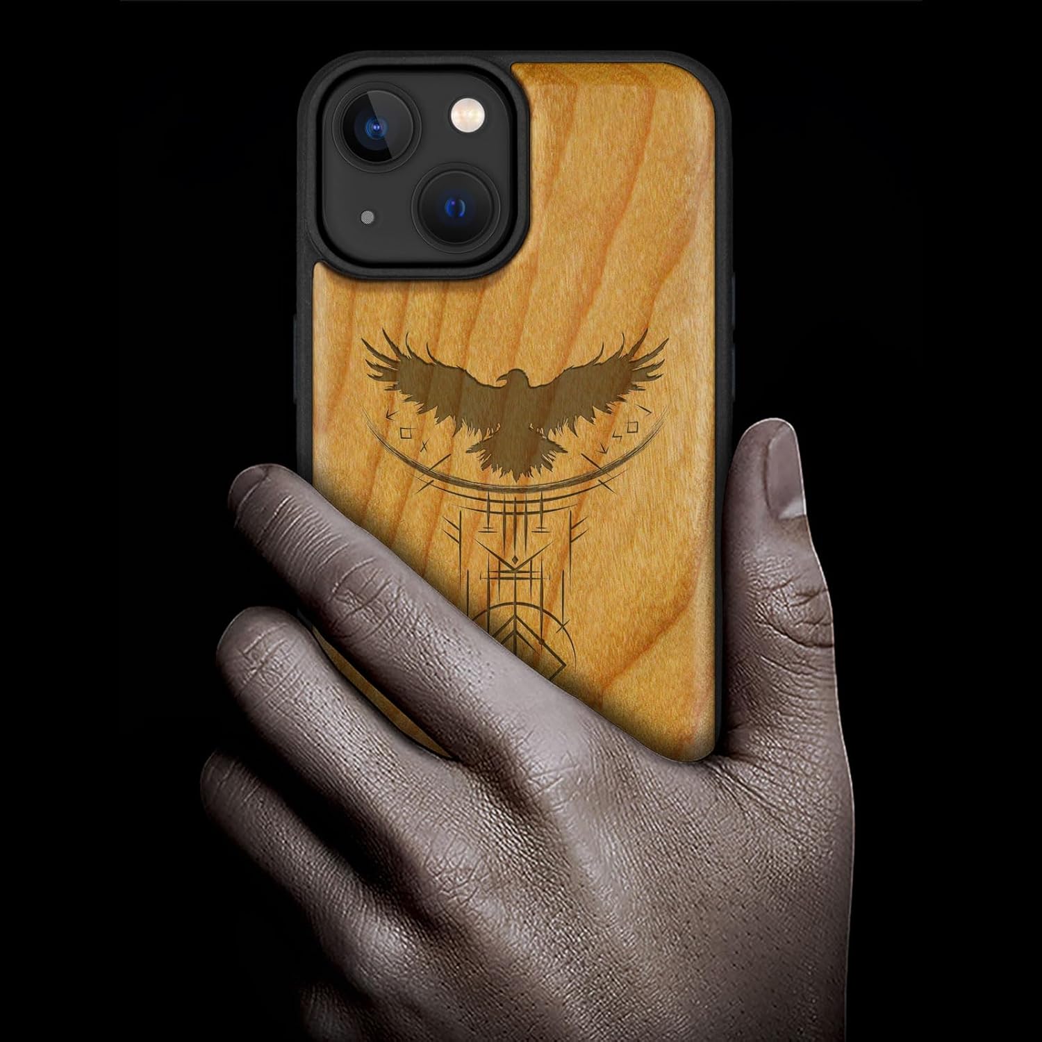 Carveit Magnetic Wood Case for iPhone 14 Case [Natural Wood & Black Soft TPU] Shockproof Protective Cover Unique Wooden Case Compatible with magsafe (Norse Symbols -Cherry)