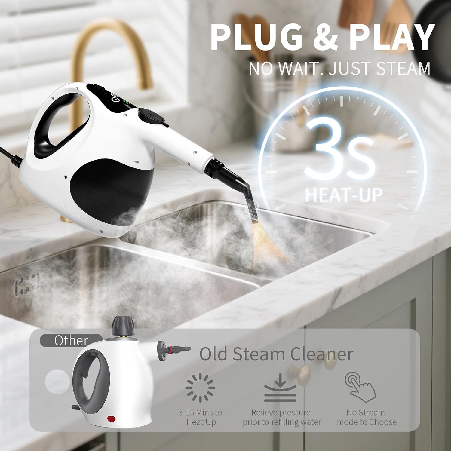 Handheld Steam Cleaner for Home – 3s Instant Heat-Up, Lightweight, and Easy Refill – Portable Steamer for Grout, Furniture, Kitchen, and More(White)