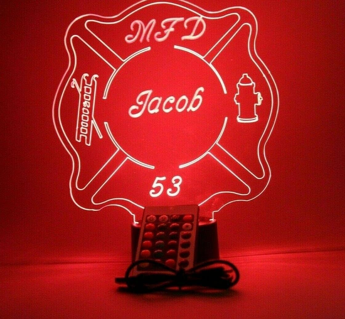 MIRROR MANIA Fire Badge Light Up Lamp Light Lamp LED, Personalized Name Firefighter Engraved Table Lamp - It's Wow, Comes with Remote, 16 Color Options, Dimmer, Free Engraving, Great Gift