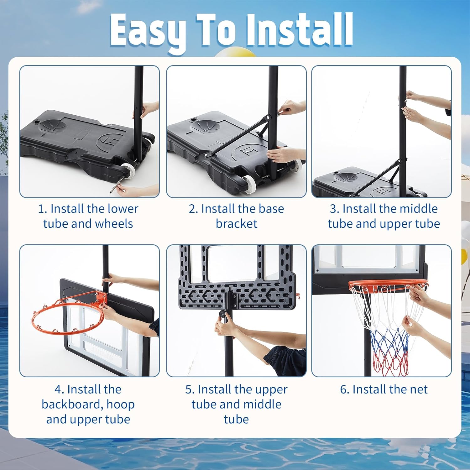 Soulchen Pool Basketball Hoop 30 in Backboard 4.9 to 6.7 ft Adjustable Height Poolside Basketball Hoop with Wheels Shatterproof Backboard and Rim for Indoor or Outdoor Swimming Pool Excluding Ball