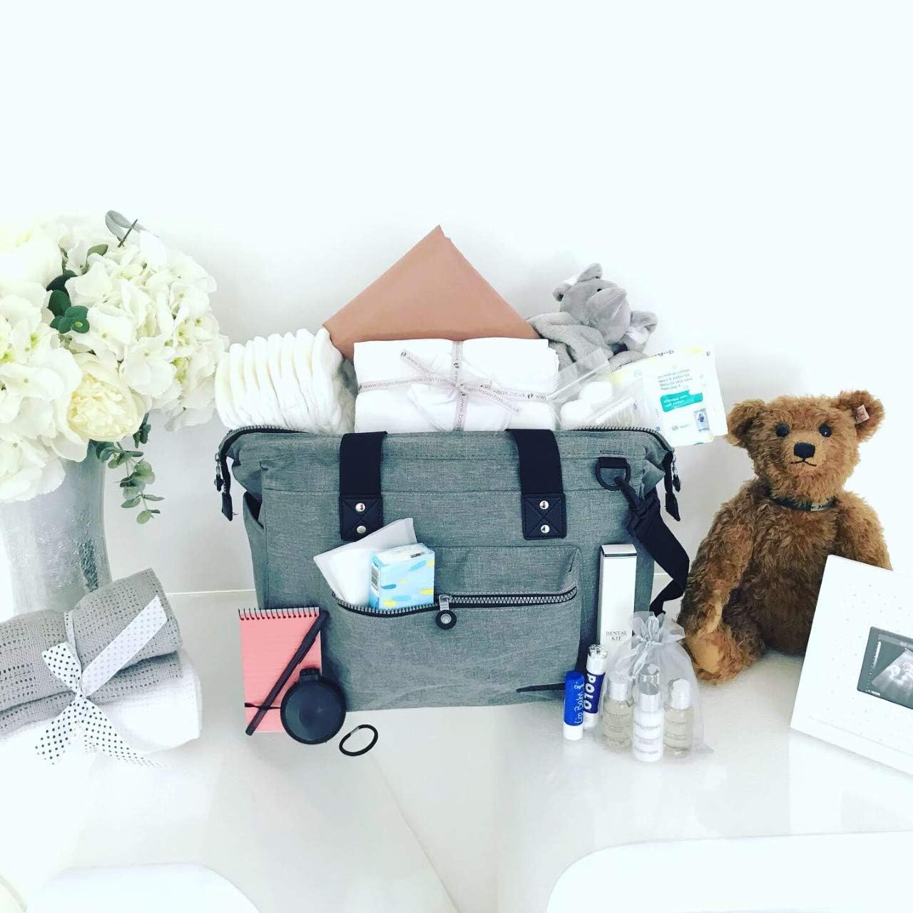 Luxury Grey Baylis and Harding pre-Packed Hospital Bag for Mum-to-be & Newborn Baby - Baby Changing/Nappy Bag with Changing mat