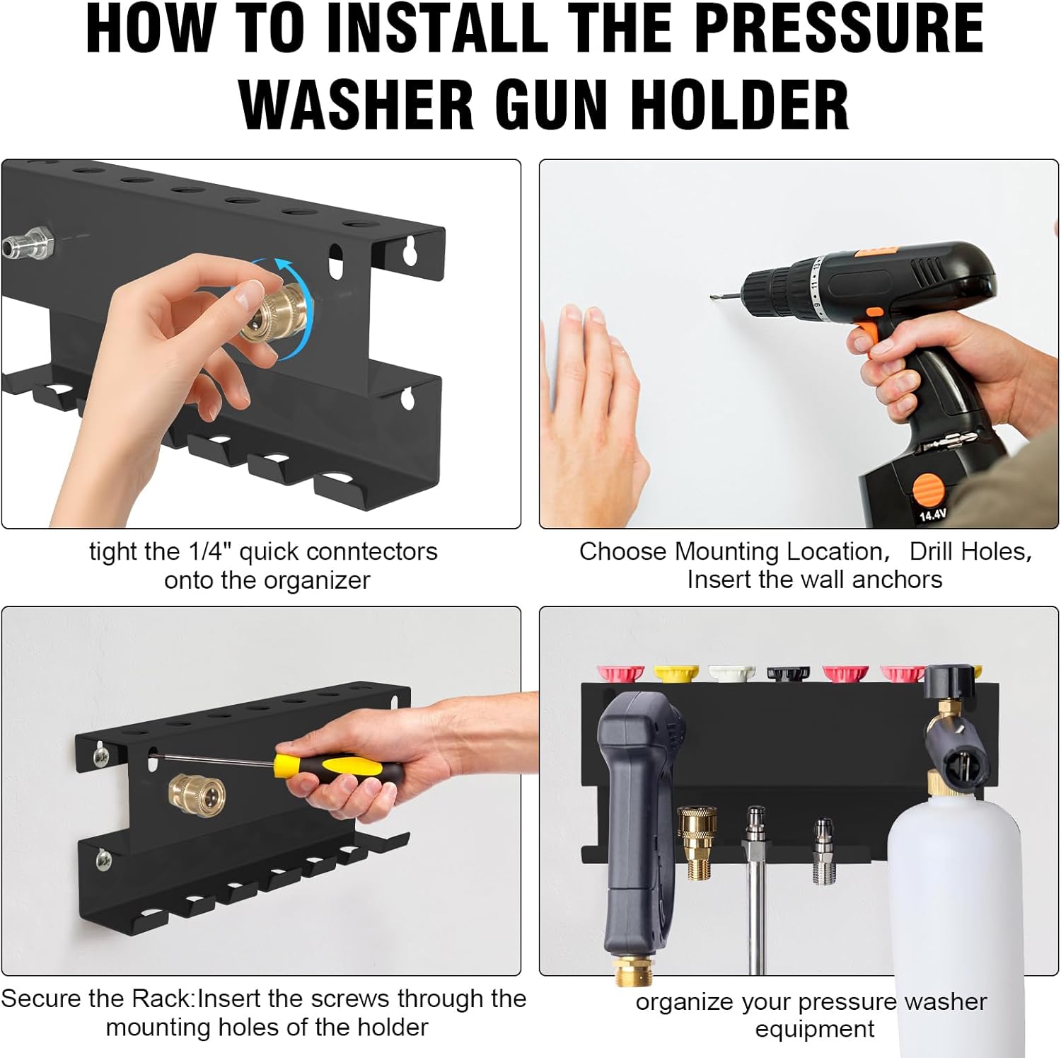 Pressure Washer Gun Holder, Wall Mounted Foam Cannon & Car Wash Accessories Storage Rack for Wand Extension and Nozzle Tips, Fits 1/4" Quick Connector, Black