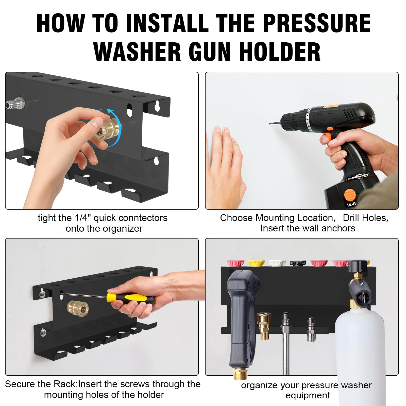 Soporte de pared resistente para pistola de lavado a presión y cañón de espuma, duradero, ahorra espacio, fácil instalación para almacenamiento organizado, color negro