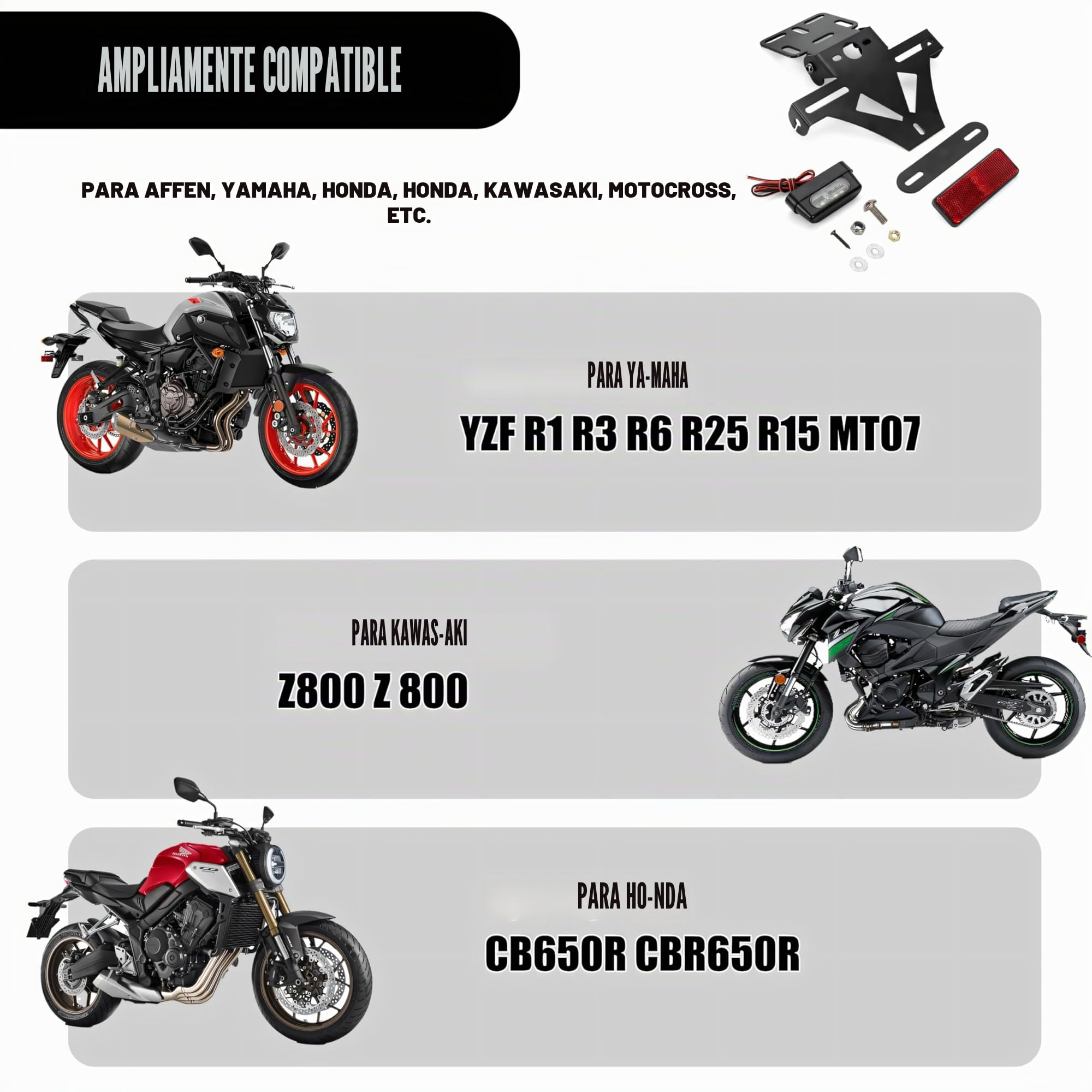 Soporte de matrícula universal para moto, con iluminación LED y intermitente, ángulo ajustable, aluminio, adecuado para CB650R/CBR650R, YZF R1, R3, R6, R25 MT-07 (normal)