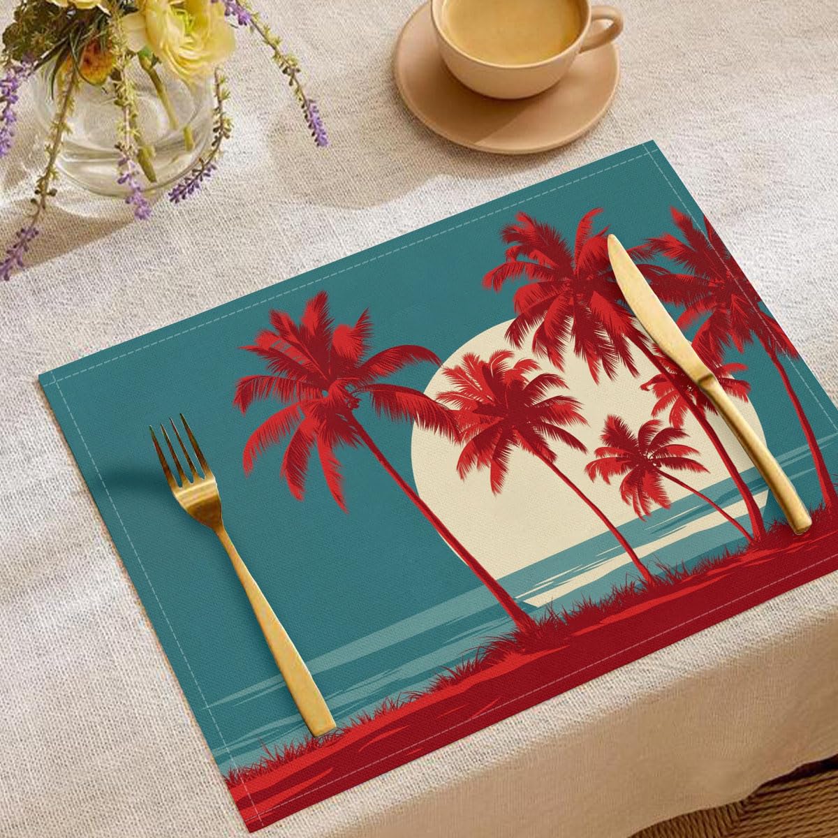 Sets de table tissés bordeaux au design silhouette de palmier