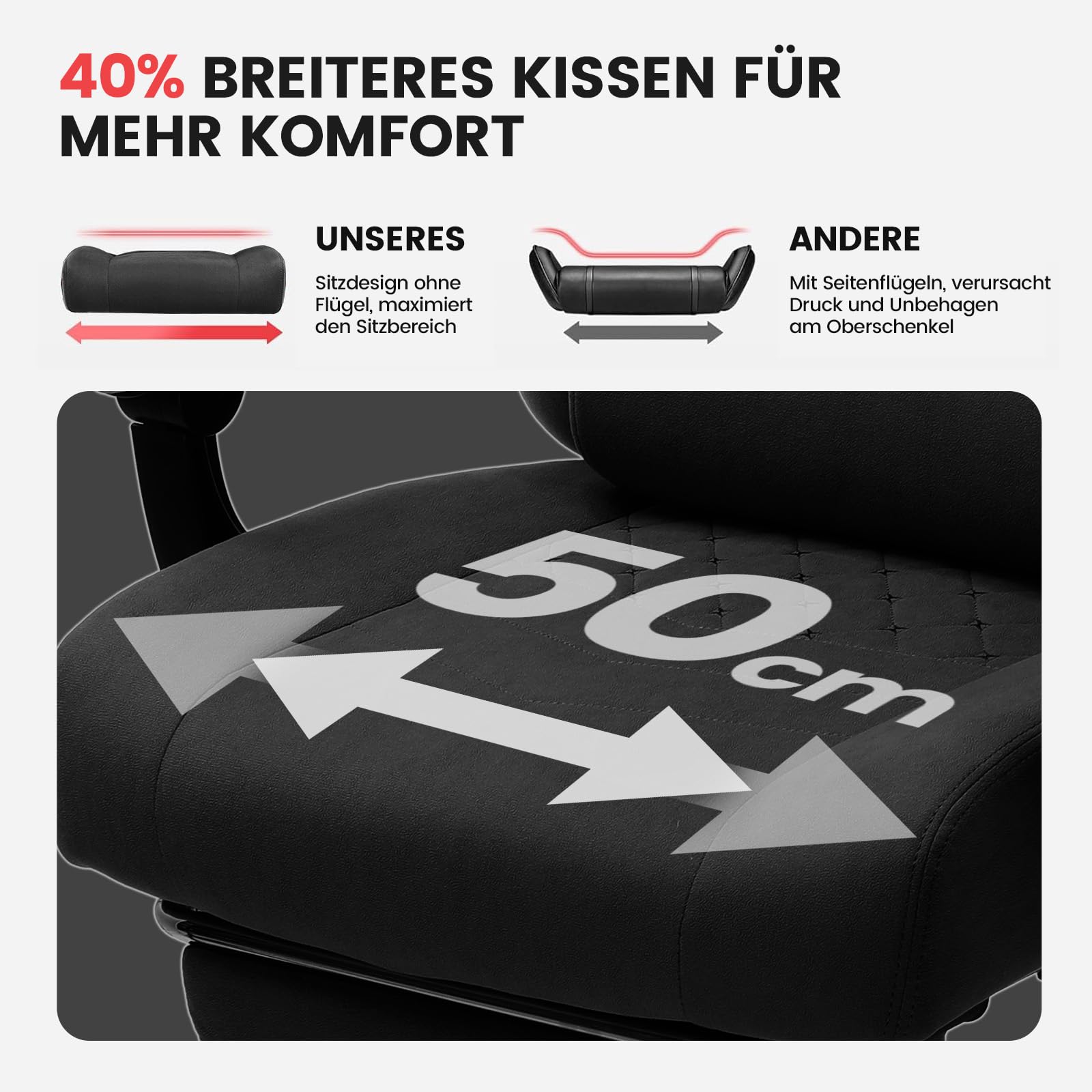 GTPLAYER Gaming Stuhl Stoff, Gaming Sessel mit Taschenfederkissen, ergonomischer Drehstuhl, Gamer Stuhl mit Fußstütze150 kg Belastbarkeit, schwarz