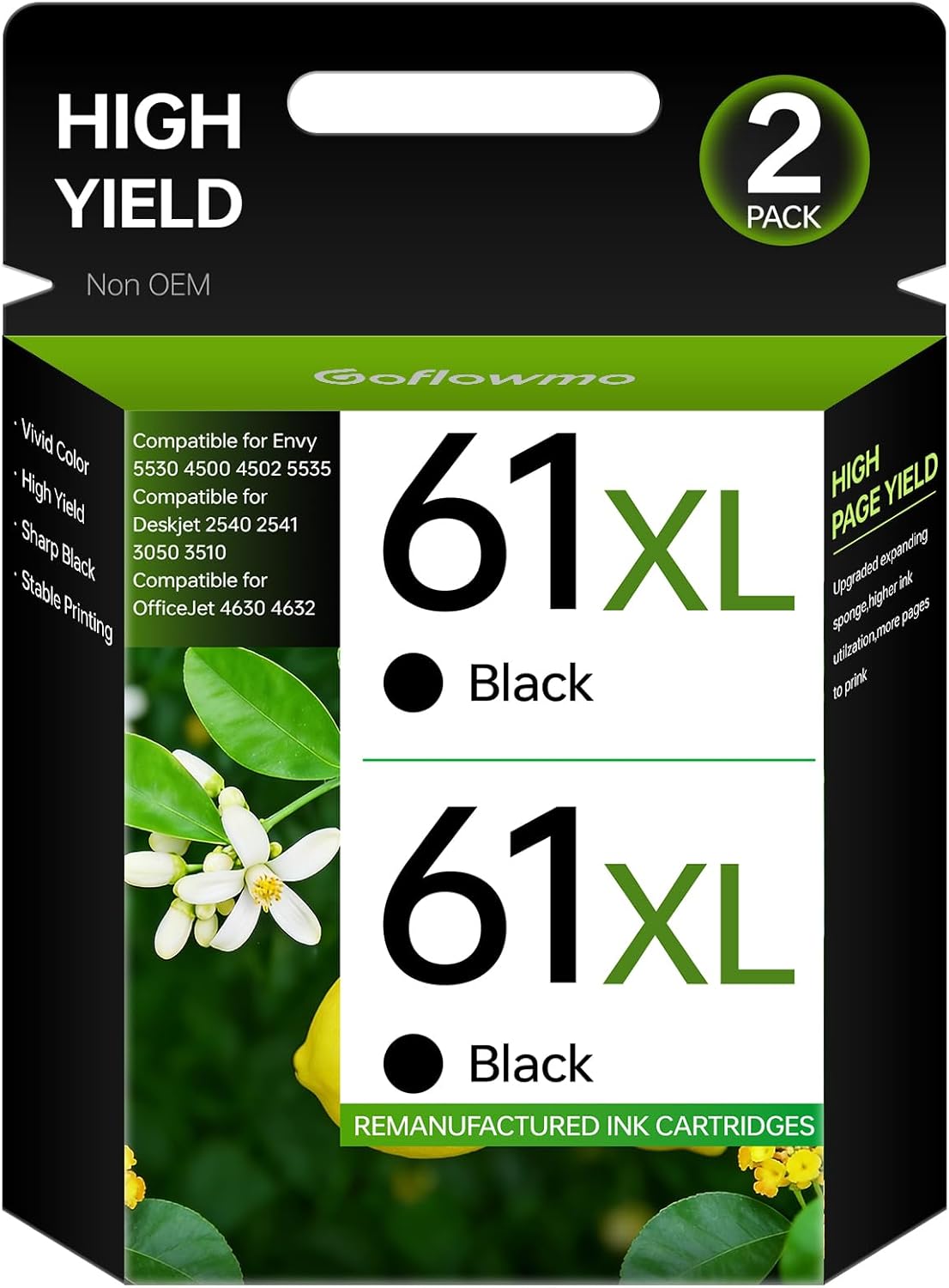 Remanufactured Ink Cartridge Replacement for HP 61 XL Black Ink Cartridges 61XL for Envy 5530 4500 4502 5535 Deskjet 2540 2541 3050 3510 OfficeJet 4630 4632 Printer (Black, 2-Pack)