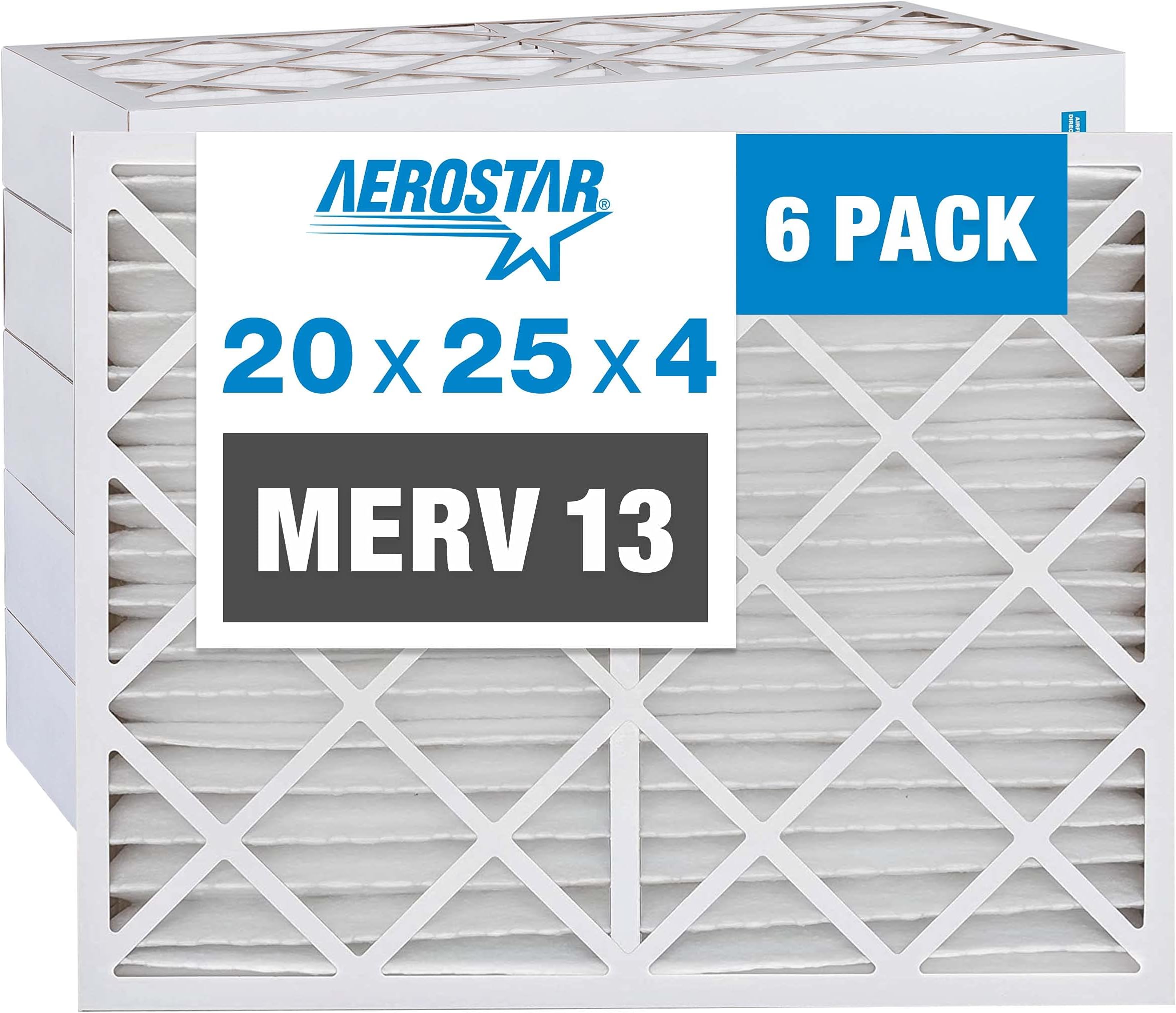 Aerostar 20x25x4 MERV 13 Air Filter, 6 Count, ACTUAL SIZE (19.50 x 24.50 x 3.75) HVAC, Furnace Filter for Allergies, Dust, Pet Dander & Smoke (MPR 1500 / FPR 10) Fits Lennox & Honeywell Devices