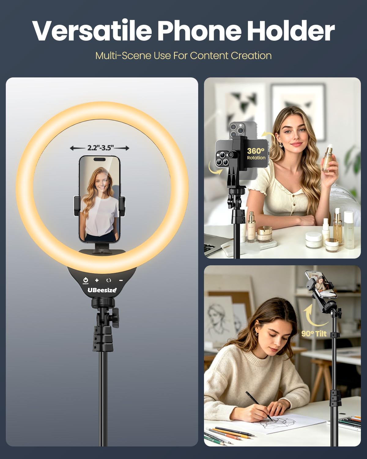 UBeesize 12'' LED Ring Light with 62'' Tripod Stand, Selfie Ring Light for Video Recording, Live Streaming, TikTok & YouTube, Compatible with iPhone & Android (Black): 12-in Black