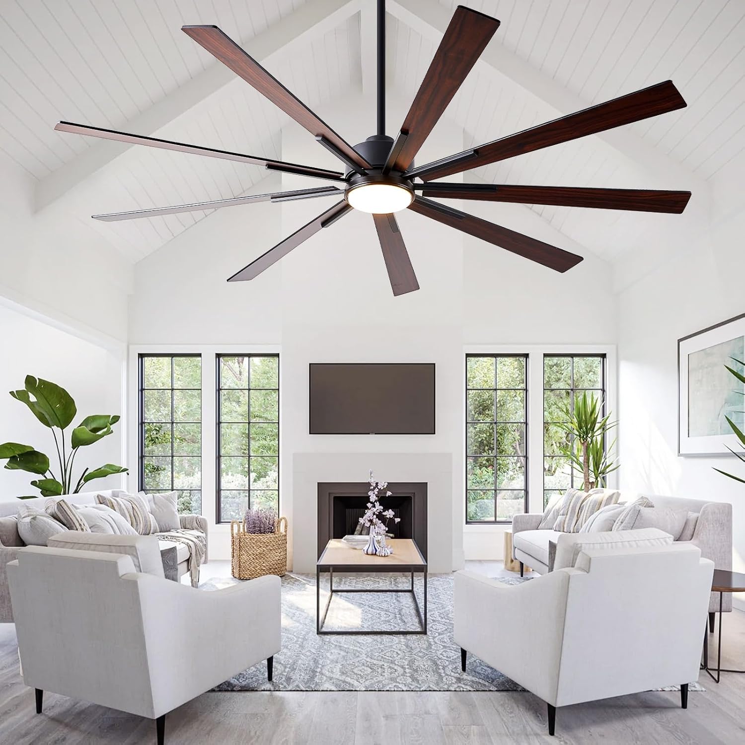 72 Inch Ceiling Fan with Lights, Large Outdoor Ceiling Fans, Modern Industrial Ceiling Fan 9 Blades for Great Room, Large Living Room Patio Farmhouse Damp Rated, Quiet Reversible DC Motor Dark Walnut