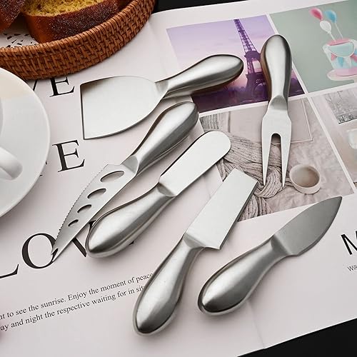 Miniatura 2 de JASHII Juego de 6 cuchillos de queso de acero inoxidable 304 de plata mate para rebanar cortar y untar mini tenedores de queso cuchillos de