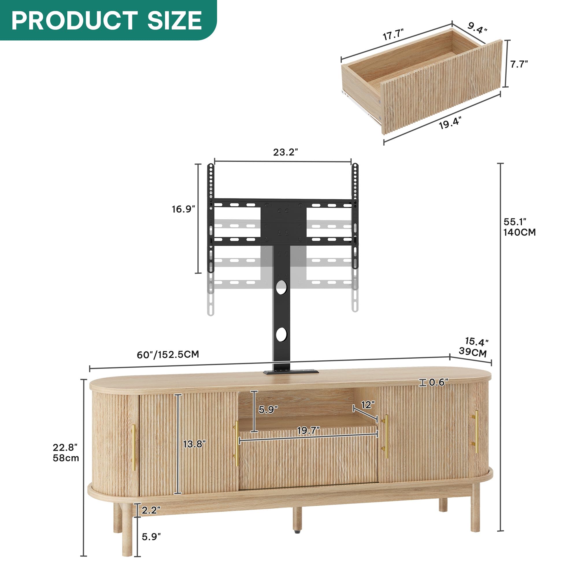 YITAHOME Fluted TV Stands for Living Room with Mount, Modern Entertainment Center for 32-70 inch TVs, LED Curved TV Stand with PowerOutlets & LED Light, Curved Profile Design, Natural Oak