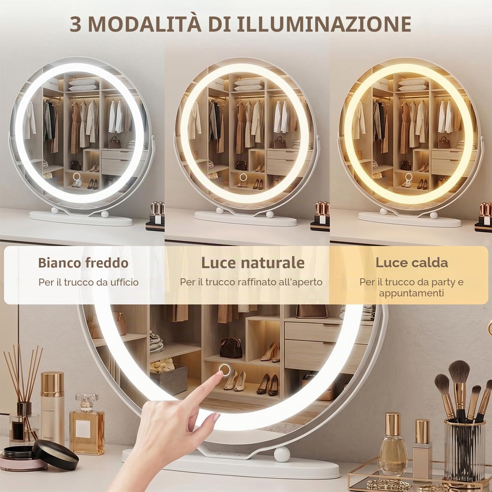 Hollywood - Specchio cosmetico con luci, 48 cm, rotondo, LED, con 3 modalità di illuminazione, ingrandimento 10x, controllo touch, luce dimmerabile, rotazione a 360°,bianco