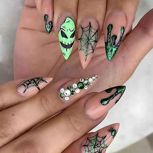 Halloween Press on Nails Medium Almond Nude Full Cover Green
