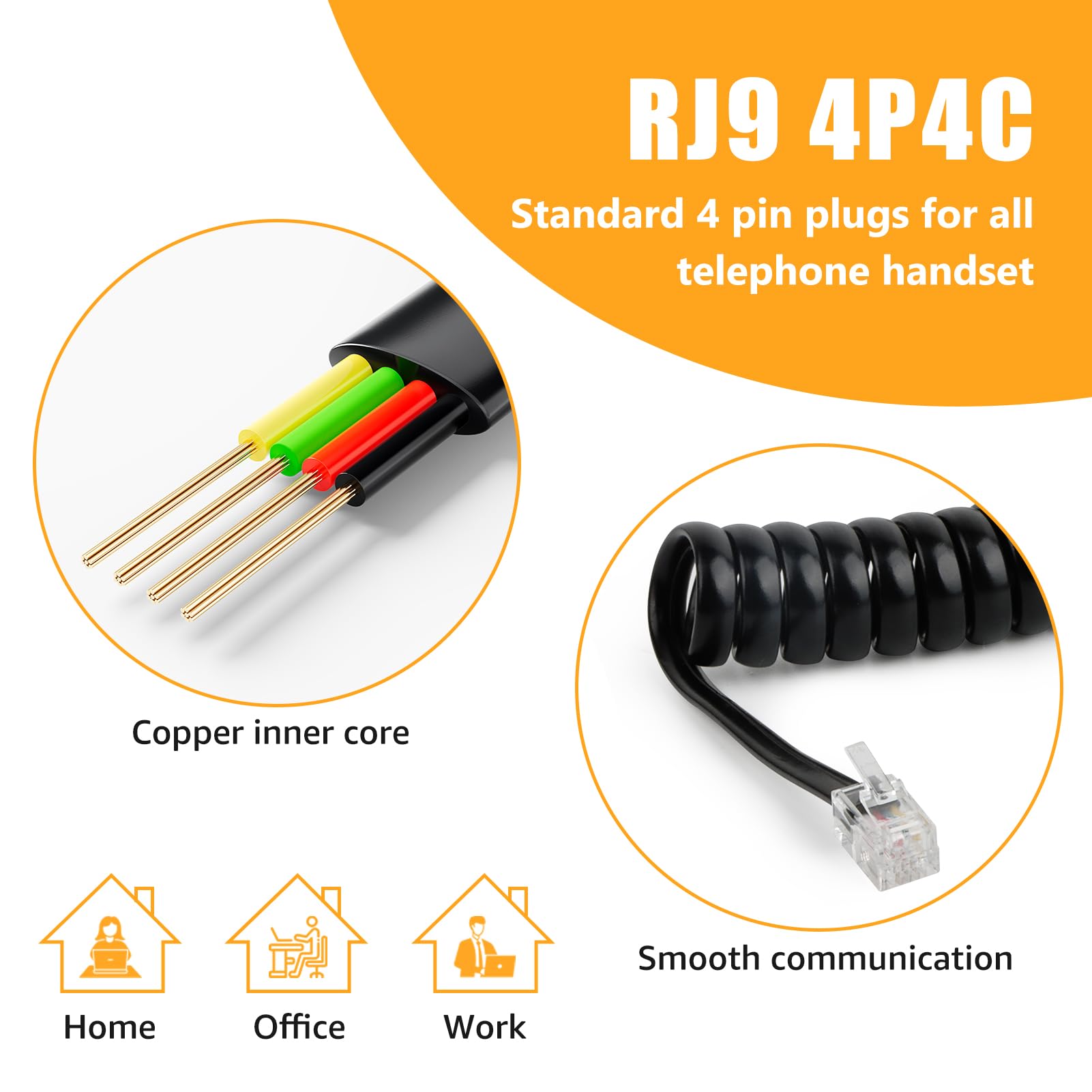 Uvital 3 Meters Telephone Phone Handset Cable, 1Pack RJ9 Coiled Cord for Home Landline, Black, 3 m (1 Pack) - Image 3