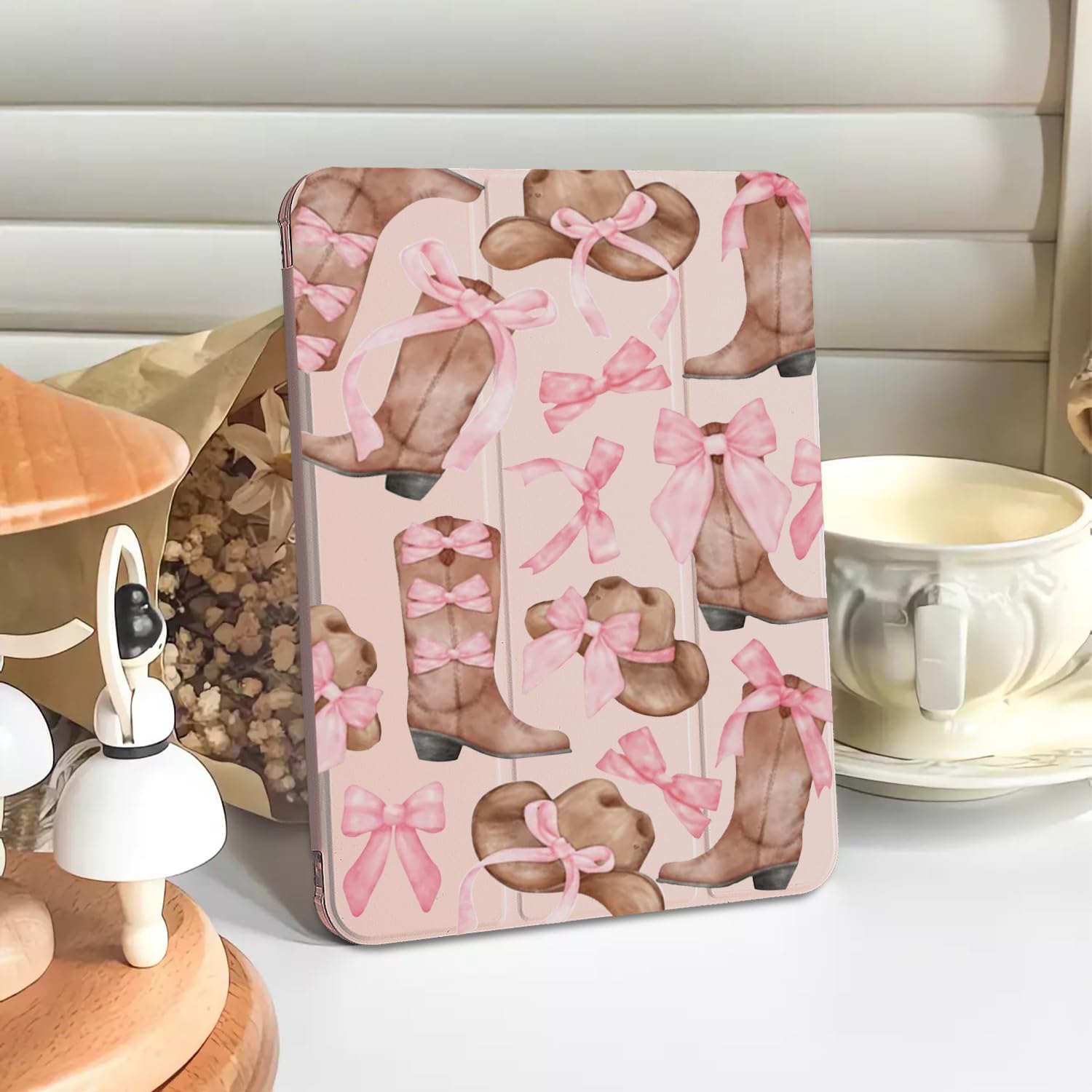 CozyNestCYBow Cowgirl Boots Case for 10.9 Inch Ipad 10Th Gen Pink Bowknot Lovely Cover for Ipad Auto Sleep/Wake Fashion Aesthetic Case Anti-Scratch Shockproof Protective with Pencil Holder Girl Women
