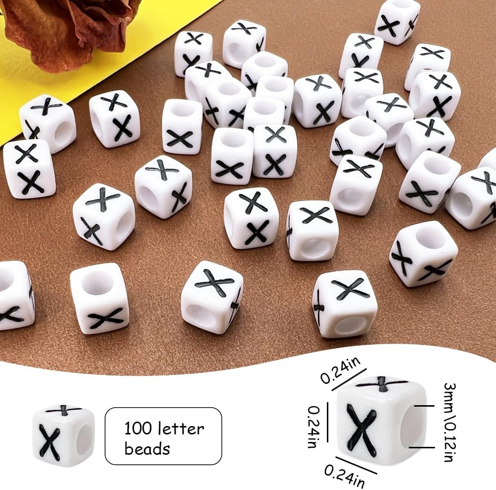 MIIIM 100pcs Pony Beads Letter X for Keychains Making, 6x6mm Large Hole Square Letter Beads for Bracelets Making, Alphabets, Numbers (White and Black) image 2