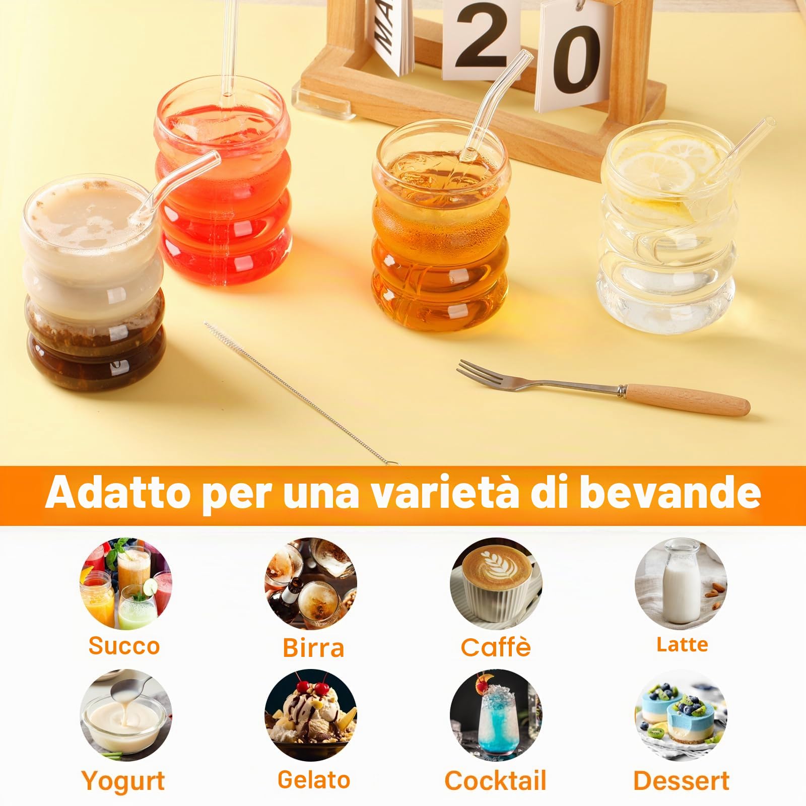 Withosent 300ml Bubble Bicchieri Acqua Vetro con Cannuccia, 4 Pezzi Set Bicchiere Bolle Ondulazione Vintage, Bicchieri Vetro per Latte Macchiato, Caffè, whisky, Cocktail, Yogurt, Soda