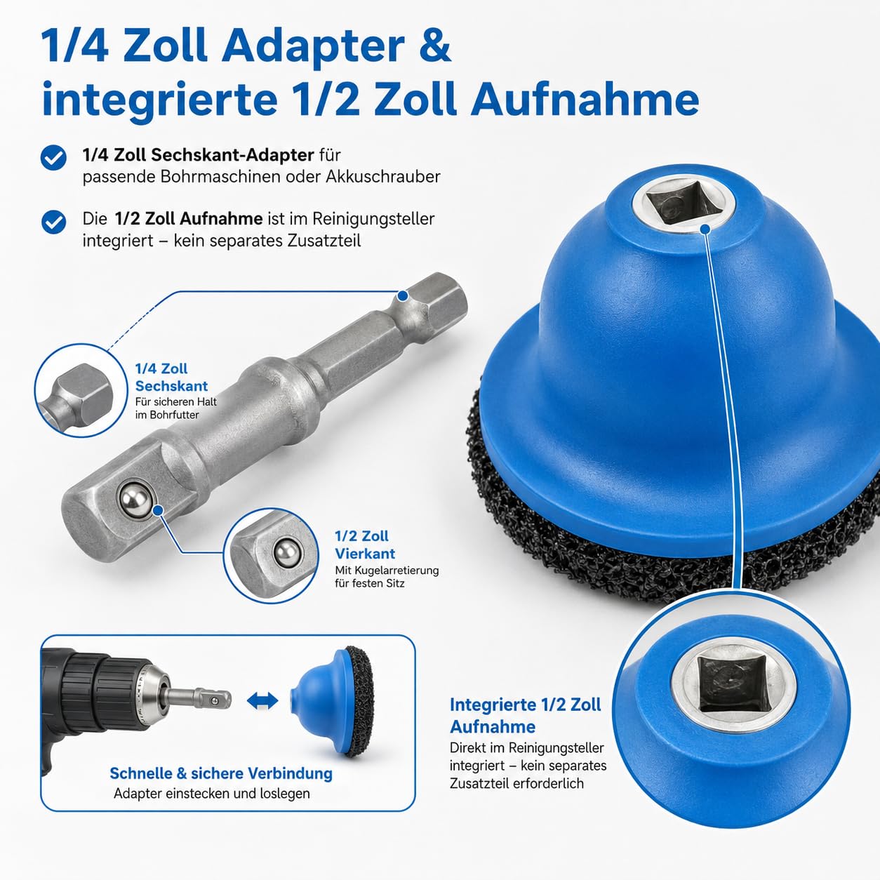 Radnabenschleifer Set 4-teilig, Radnabenreiniger KFZ Innen-Ø 90mm Außen-Ø 150mm mit 2 Schleifscheiben, 1/4 Zoll Sechskant-Adapter, Reinigungsteller für Felgenwechsel Rostentfernung, KFZ Werkstatt