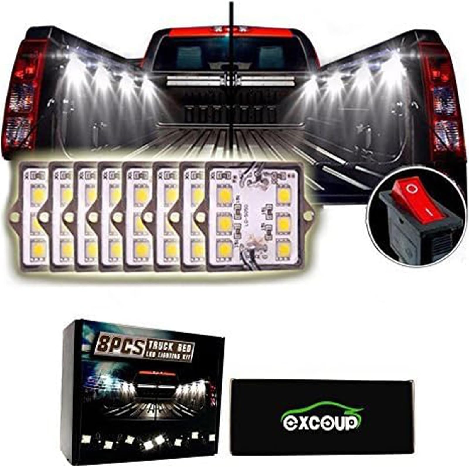 White LED Truck Pickup Bed Light Kit, 8 PCS 48 LEDs Rock