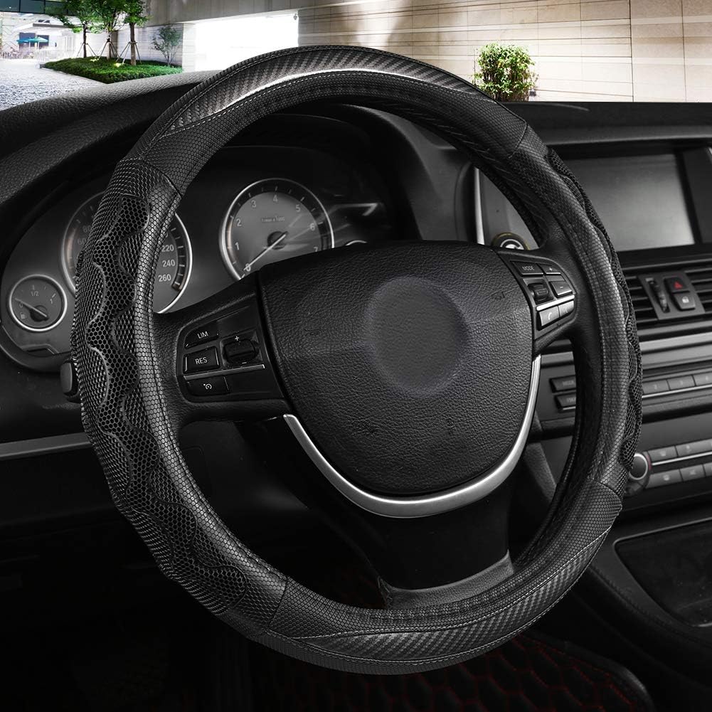 Black Panther Luxury Leather Car Steering Wheel Cover with 3D Honeycomb Hole Anti-Slip Design, 15 Inch Universal - Gray