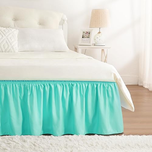 Vista 27 de Falda de cama RIMELA tamaño Queen color verde bebé con caída de 15 pulgadas, falda elástica envolvente, volante que protege contra el polvo