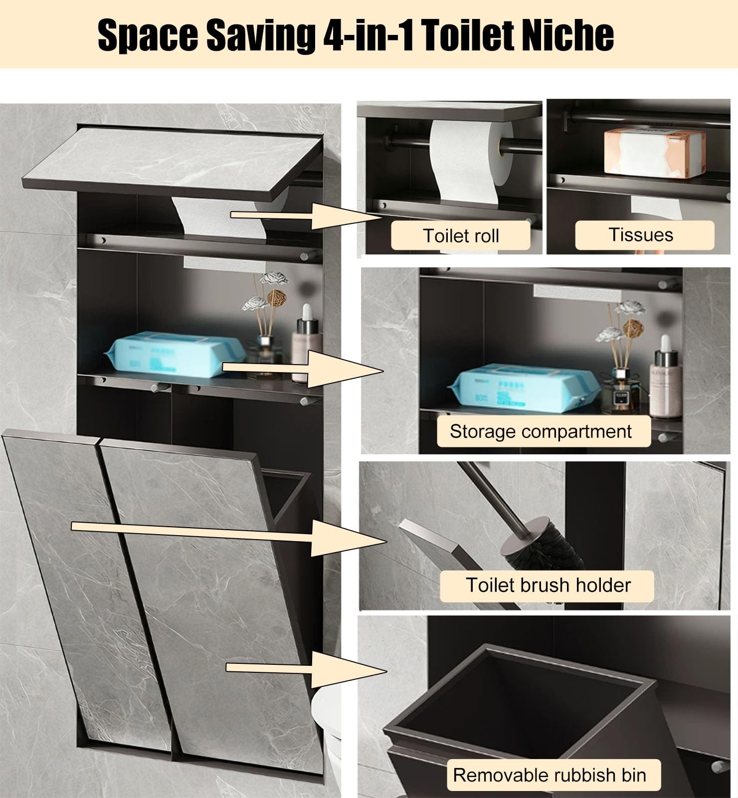 papelera, portarrollos y escobillero empotrados ni Mueble Empotrado 4 En 1 Para Baño Incluye Compartimento Oculto Para Basura, Soporte Para Papel Higiénico, Repisa Para El Teléfono Y Escobillero