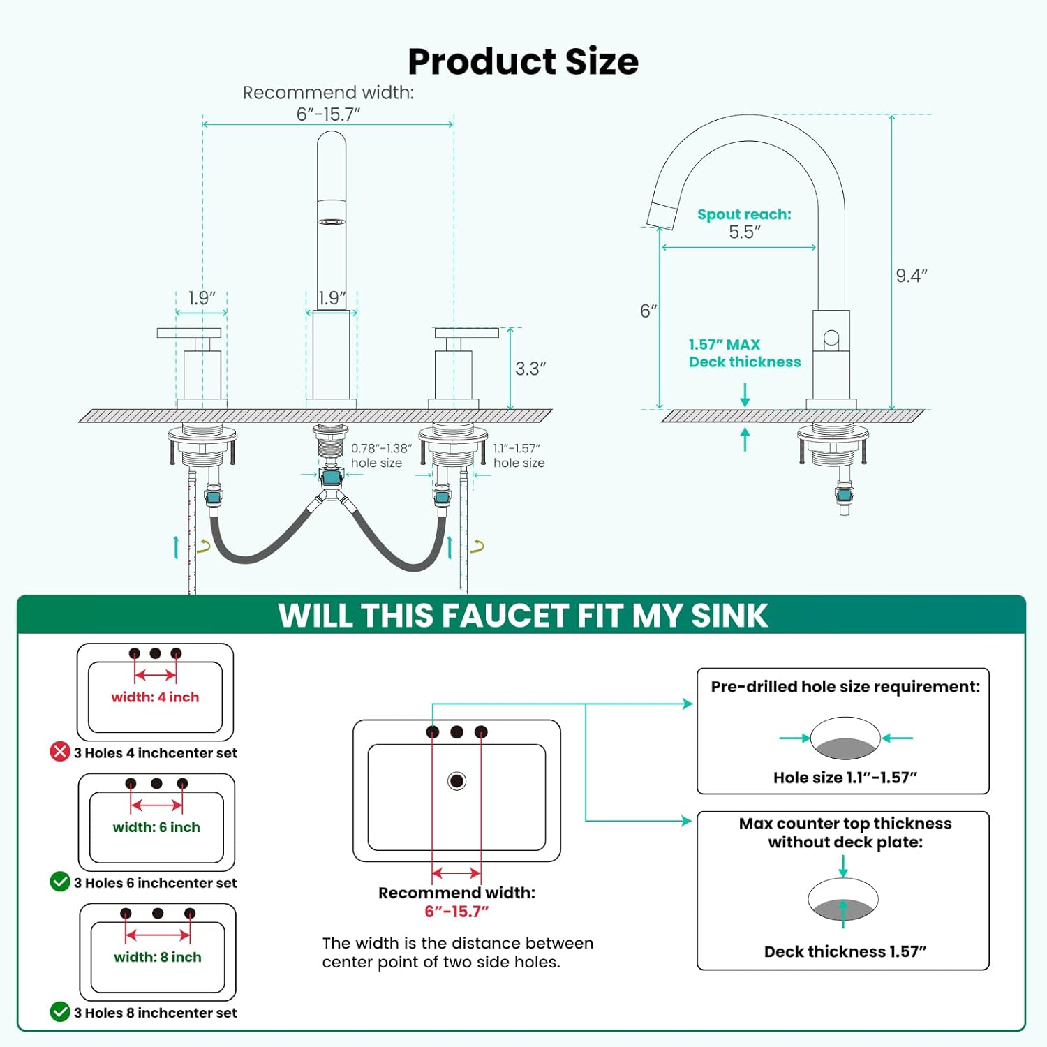gotonovo 3 Hole 2 Handles Lavatory Basin Bathroom Sink Faucet with Pop Up Drain with Hot and Cold Mixer Valves 8 Inch Widespread Bathroom Faucet Matte Black