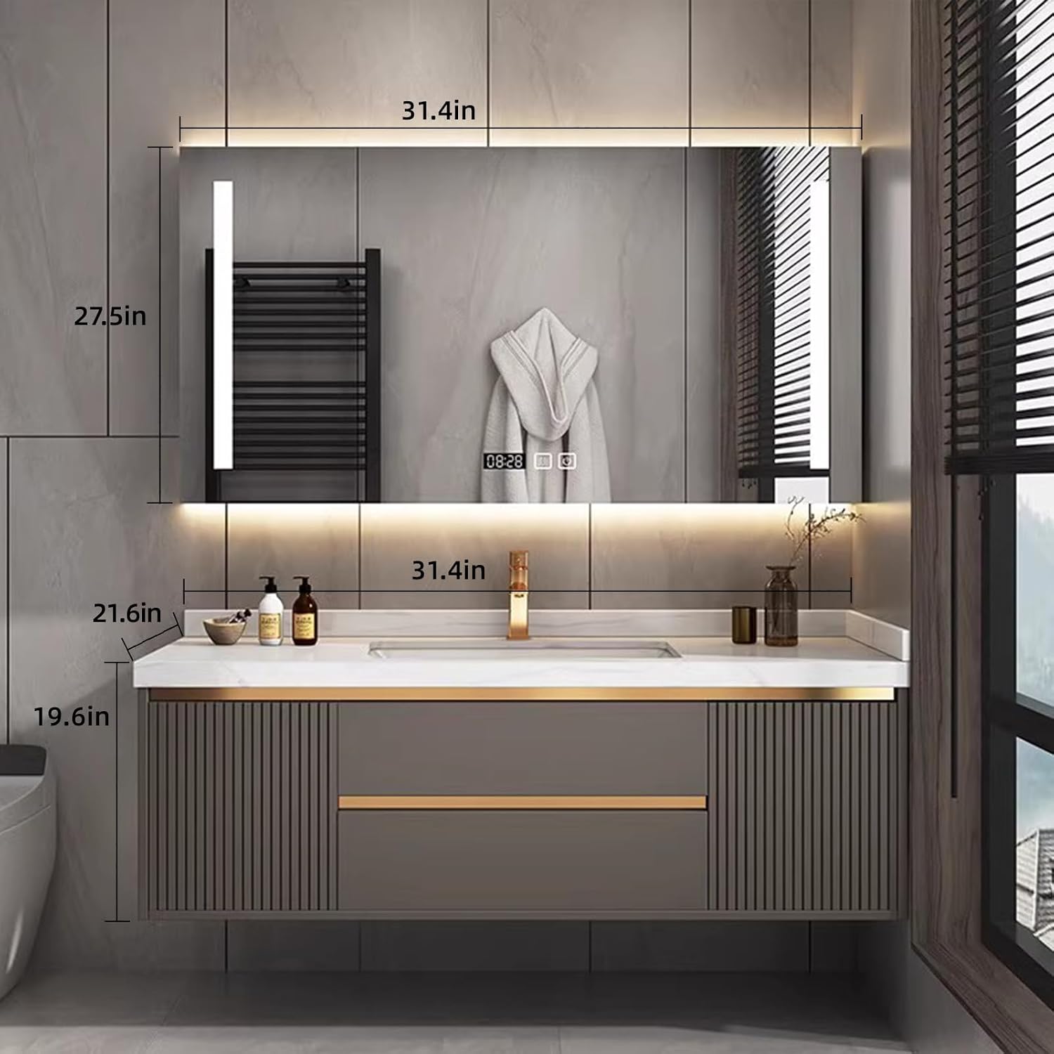 32IN Bathroom Vanity - Floating Bathroom Vanities with Mirror Cabinet, Intelligent Demisting & Vanity Mirror with Lights | Striped Side Cabinet and Gold Faucet