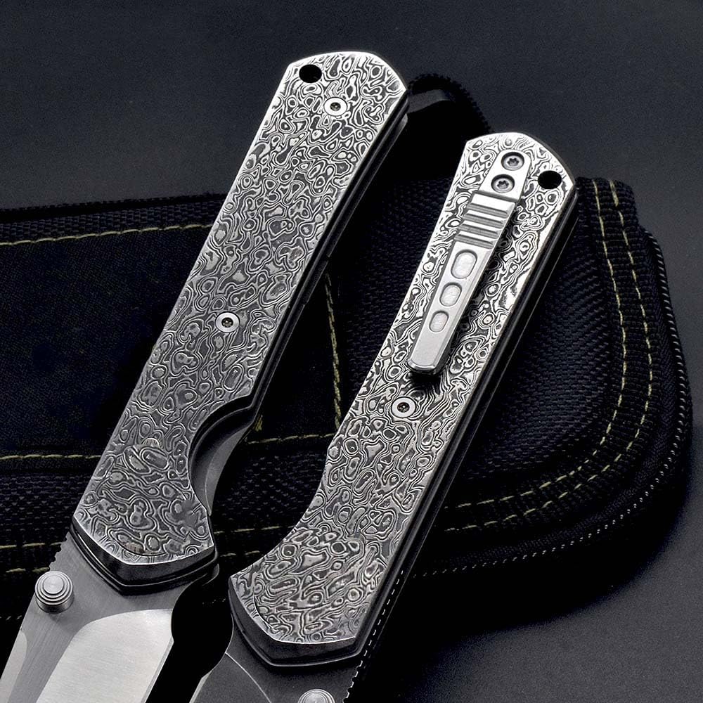 Klappmesser 7.5" Damast taschenmesser edelstahl vg10 flach & damaststahl damaszener, edc messer scharfe einhandmesser, Damaskus stahl messer griffe Geschmiedet, Outdoor klein messer mit clip Scheide