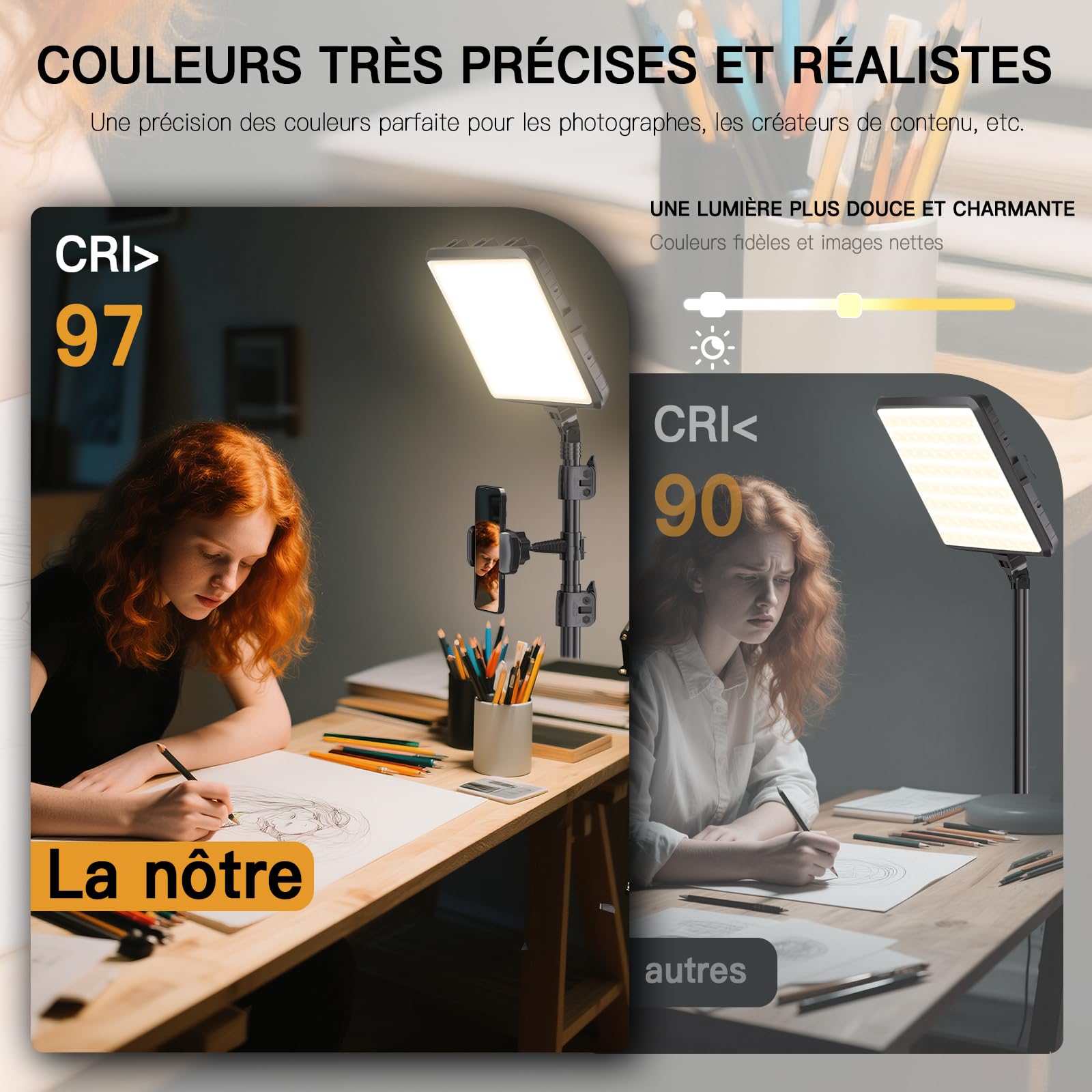 25cm*20cm Lumiere Photo, Lot de 2Panneau d'Éclairage Vidéo LED Kit 2800-6500 K avec USB/Support de téléphone, 185cm Kit D'éclairage de Photographie à Intensité Variable pour Portrait/TikTok (2 Pack)