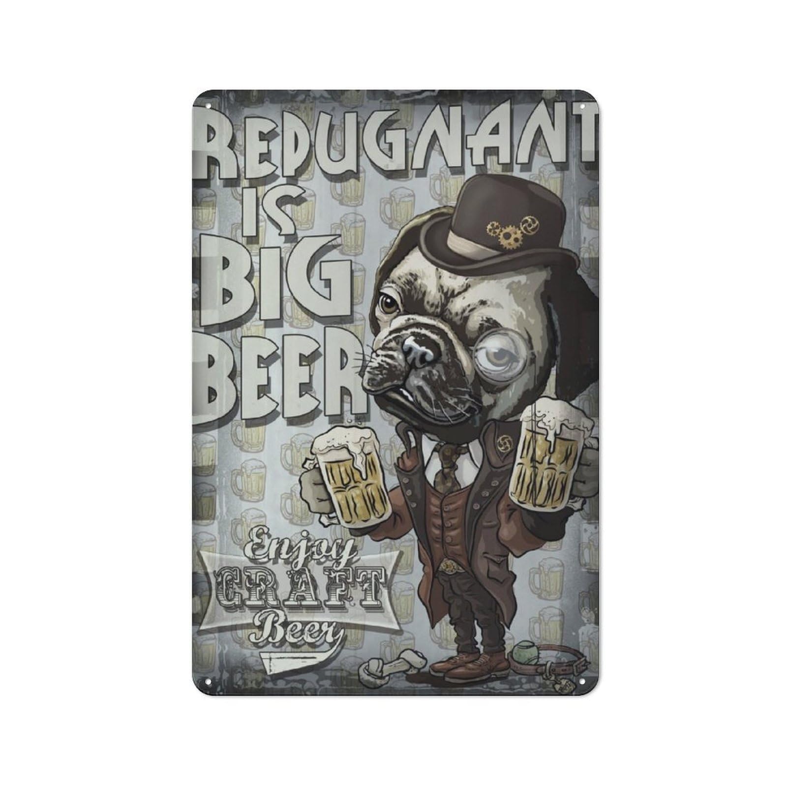 Vintage Tin Sign with Retro Craft Beer Pug Design 30x20cm, Nostalgic Nostalgic Wall Art for Living Room, Hallway, Kitchen Or Cafe