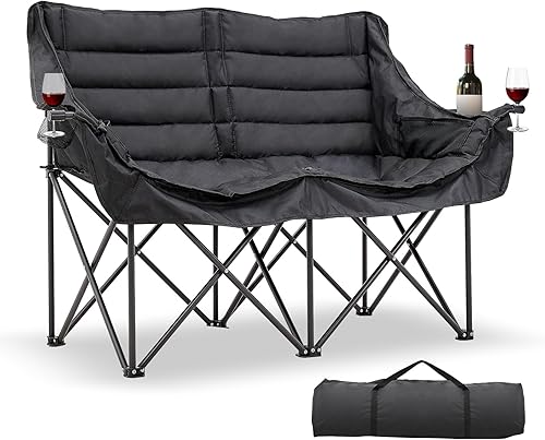 Miniatura 12 de DoCred Silla de Camping Calentada Doble, Sillas Plegables de Camping Calentadas Loveseat para Exteriores y Deportes, Sillas Loveseat Calentadas de