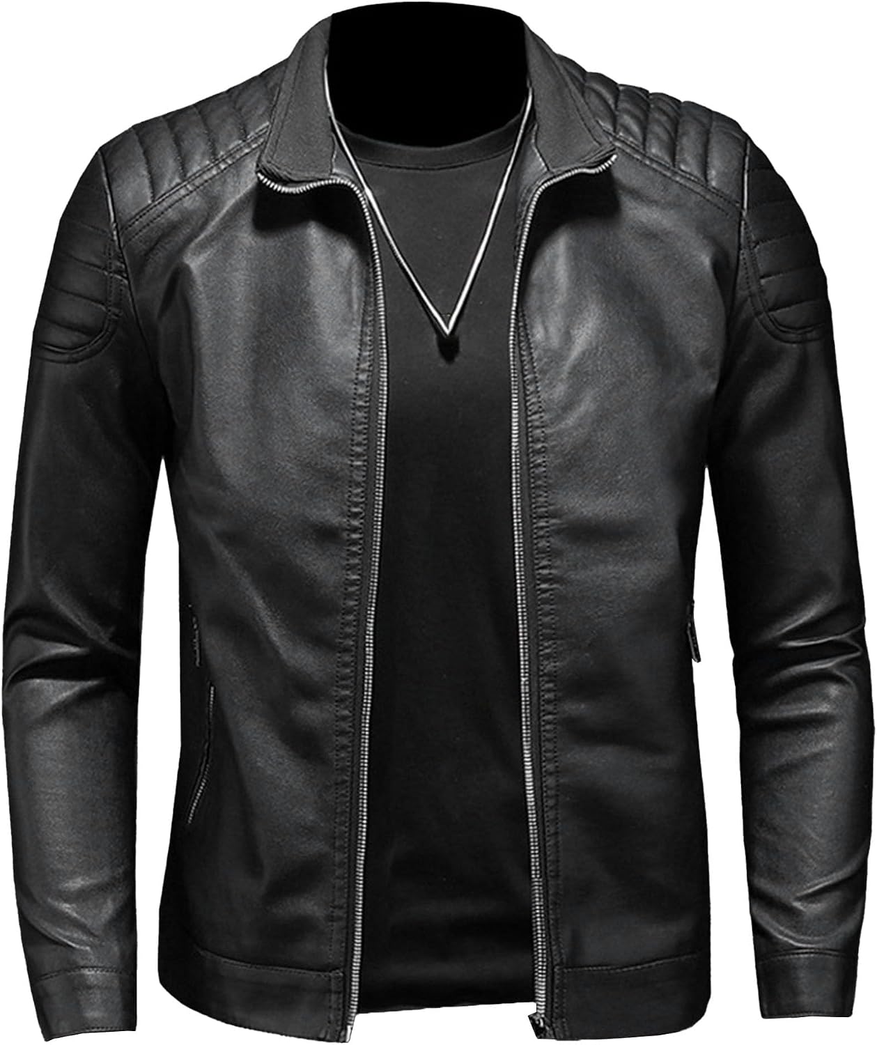 JEsilunmaMY Men's Slim Fit Leather Bomber Jacket Full Zip Stand Collar Motorcycle Jacket Lightweight Moto Biker Outwear