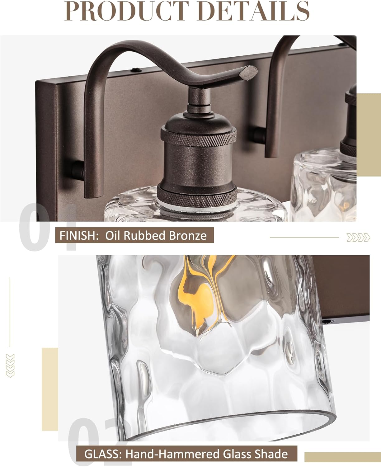 bathroom vanity light fixtures over mirror 3-light hammered glass wall mounted modern oil rubbed bronze - vl01orbh-3 oil-rubbed bronze & hammered glass 3 light