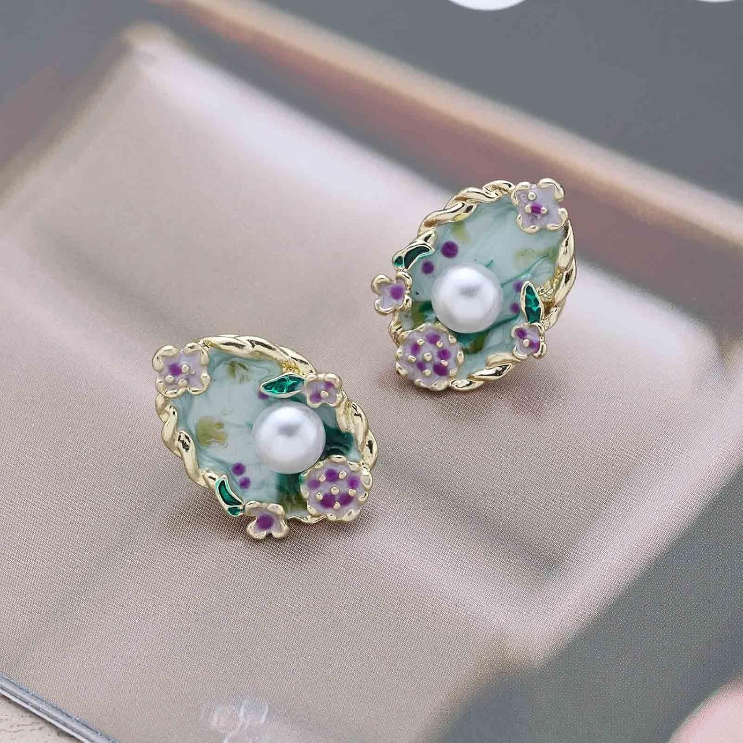 Vintage Monet Garden Stud Earrings Boho Pearl Dangle Earrings Colored Glaze Earrings Blue Oil Flower Stud Earrings Floating Pearl Drop Earrings Jewelry for Women - Image 4